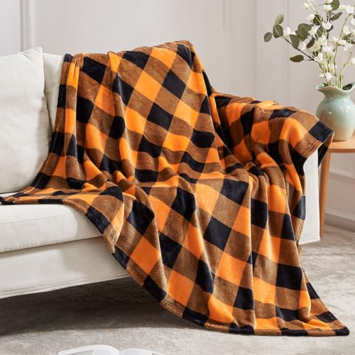 Cozy Orange Buffalo Plaid Halloween Throw Blanket