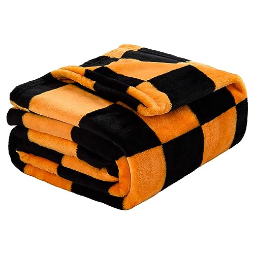 Black and Orange Checkerboard Halloween Throw Blanket