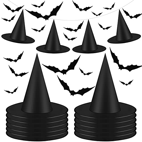 12 Halloween Witch Hats & 32 3D Bat Stickers