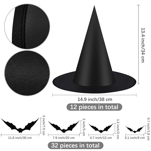 12 Halloween Witch Hats & 32 3D Bat Stickers