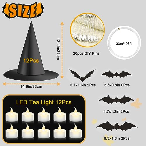 24 Black Witch Hats with Lights & 3D Bats