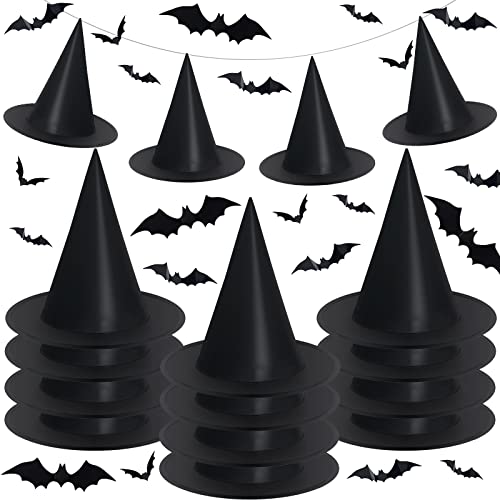 12-Pack Black Witch Hats with 3D Bat Decor