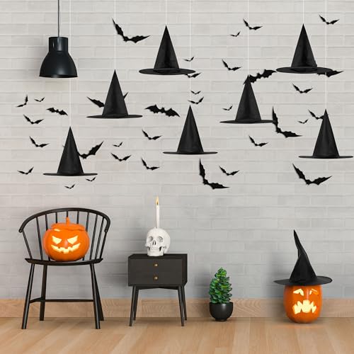 12 Halloween Witch Hats & 32 3D Bat Stickers