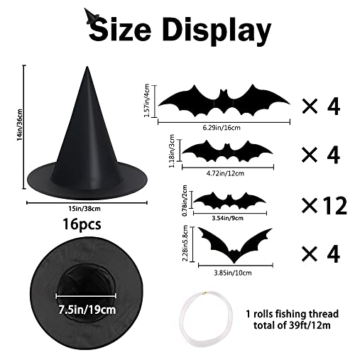 12-Pack Black Witch Hats with 3D Bat Decor