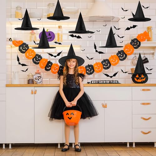 12 Halloween Witch Hats & 32 3D Bat Stickers