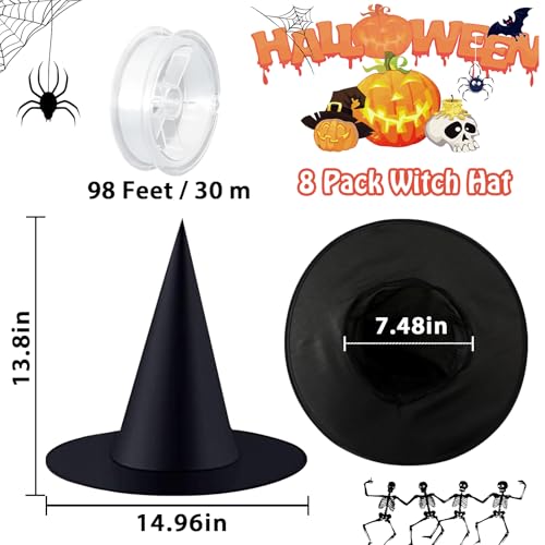 8-Pack Black Witch Hats for Halloween Decor
