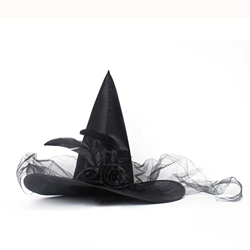 Magic Master Black Witch Hat with Roses & Feathers