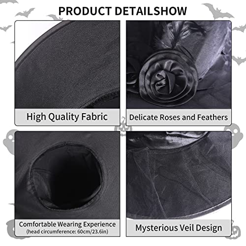Magic Master Black Witch Hat with Roses & Feathers