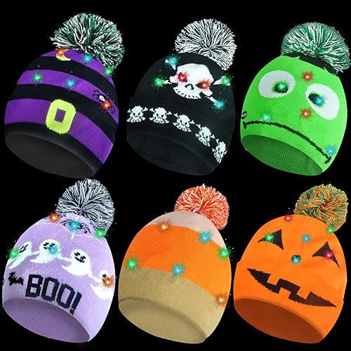 Glow-in-the-Dark LED Halloween Beanie Hats - 6 Pack