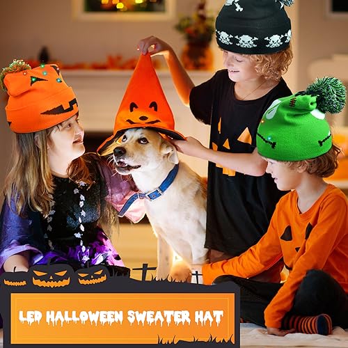 Glow-in-the-Dark LED Halloween Beanie Hats - 6 Pack