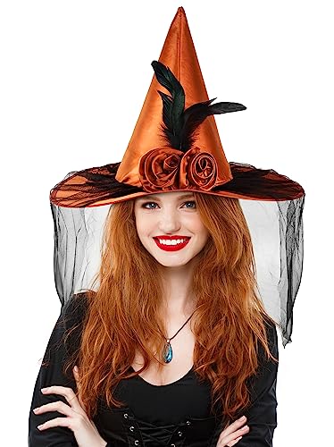 Wicked Black Witch Hat with Orange Veil