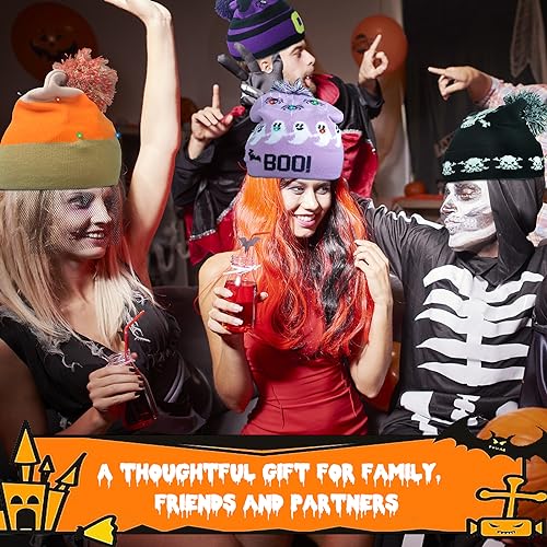 Glow-in-the-Dark LED Halloween Beanie Hats - 6 Pack