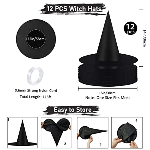 12-Pack Black Witch Hats for Halloween Decor