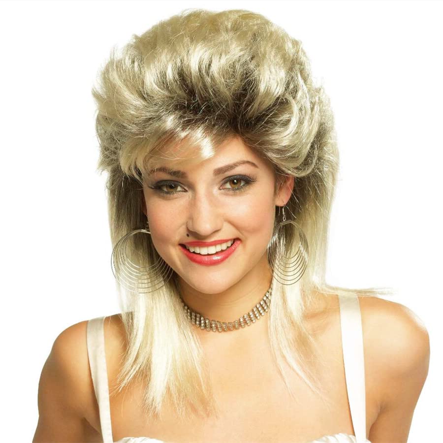 80s Rocker Mullet Wig - Curly Blonde-Black Mix