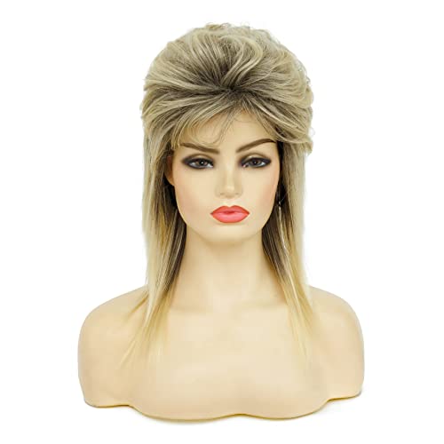 80s Rocker Mullet Wig - Curly Blonde-Black Mix