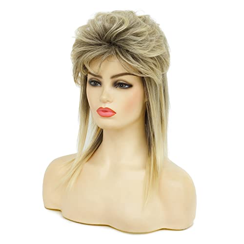80s Rocker Mullet Wig - Curly Blonde-Black Mix
