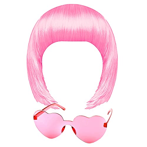 Pink Bob Wig & Sunglass Set for Halloween Parties
