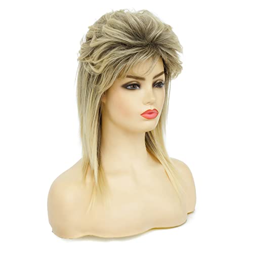 80s Rocker Mullet Wig - Curly Blonde-Black Mix