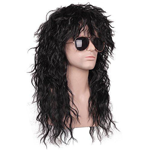 80s Long Curly Black Rocker Wig for Men