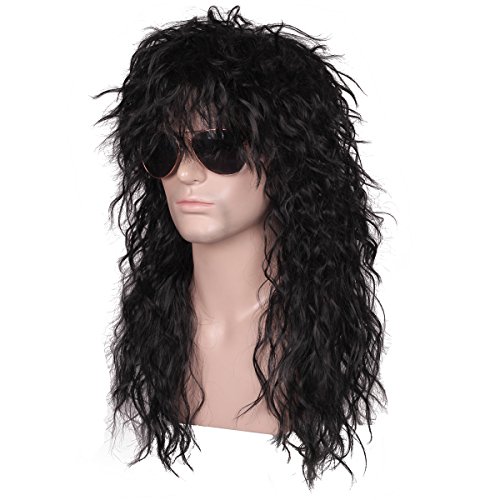 80s Long Curly Black Rocker Wig for Men