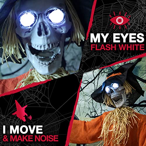 Haunted Hill Farm Life-Size Scary Skeleton Scarecrow Halloween Animatronic with Touch Activated Lights and Sound, Battery Operated Indoor or Covered Outdoor Halloween Decorations, Halloween Prop