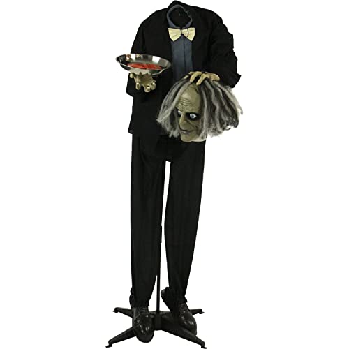 Haunted Hill Farm Life-Size Talking Headless Zombie Butler Holding Tray, Halloween Animatronic with Touch Activated Lights and Sound, Battery Operated Indoor or Covered Outdoor Halloween Decorations