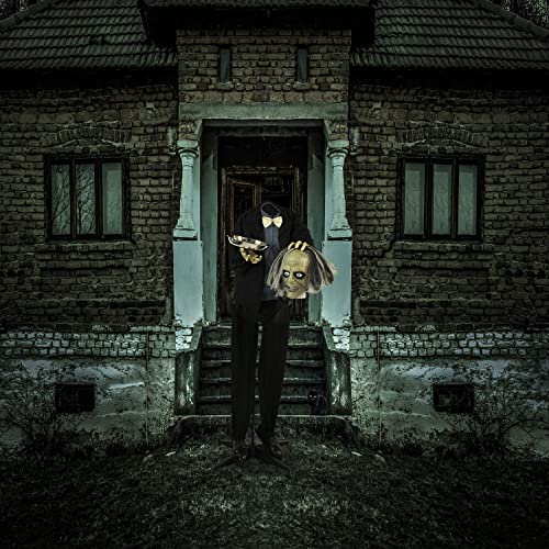 Haunted Hill Farm Life-Size Talking Headless Zombie Butler Holding Tray, Halloween Animatronic with Touch Activated Lights and Sound, Battery Operated Indoor or Covered Outdoor Halloween Decorations