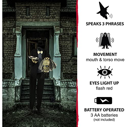 Haunted Hill Farm Life-Size Talking Headless Zombie Butler Holding Tray, Halloween Animatronic with Touch Activated Lights and Sound, Battery Operated Indoor or Covered Outdoor Halloween Decorations