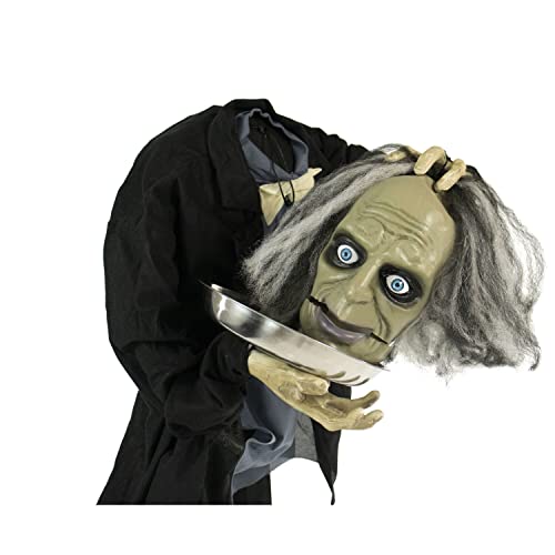 Haunted Hill Farm Life-Size Talking Headless Zombie Butler Holding Tray, Halloween Animatronic with Touch Activated Lights and Sound, Battery Operated Indoor or Covered Outdoor Halloween Decorations