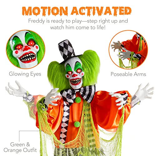 Best Choice Products Funhouse Freddy The Motion Activated Animatronic Killer Clown Halloween Prop w/Pre-Recorded Lines, Light-Up Eyes, Moving Arms & Head