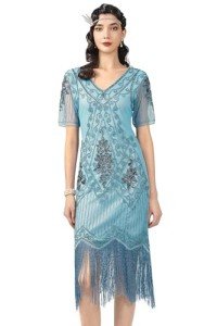 Art Deco Fringe Sequin Flapper Costume - Blue