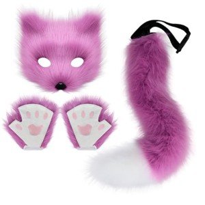 Purple Faux Fur Cat Fox Mask and Tail Set