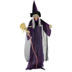 Haunted Hill Farm Life-Size Scary Talking Witch with Broomstick, Halloween Animatronic with Touch Activated Lights and Sound, Battery Operated Indoor or Covered Outdoor Halloween Decorations