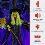 Haunted Hill Farm Life-Size Scary Talking Witch with Broomstick, Halloween Animatronic with Touch Activated Lights and Sound, Battery Operated Indoor or Covered Outdoor Halloween Decorations