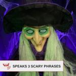 Haunted Hill Farm Life-Size Scary Talking Witch with Broomstick, Halloween Animatronic with Touch Activated Lights and Sound, Battery Operated Indoor or Covered Outdoor Halloween Decorations