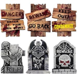 6 Pack Scary Outdoor Halloween Tombstones and Signs