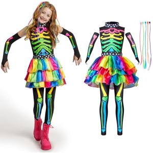 Colorful Skeleton Costume for Kids with Hair Extensions