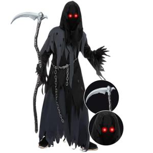 Spooktacular Creations Halloween Glowing Eyes Grim Reaper Costume for Kids, Dark Knight Reaper Phantom Costume for Halloween Dress Up (XX-Large(14-16yr))