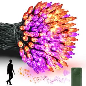 Tcamp Battery Operated Halloween Lights Motion Activated Sync with Music, 33FT 100 LED Orange Purple Halloween String Lights with Spooky Music for Outdoor Indoor Halloween Decor (6 Lighting Modes)