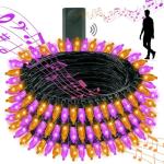 Tcamp Battery Operated Halloween Lights Motion Activated Sync with Music, 33FT 100 LED Orange Purple Halloween String Lights with Spooky Music for Outdoor Indoor Halloween Decor (6 Lighting Modes)