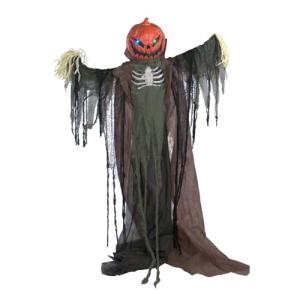 Haunted Hill Farm Life-Size Poseable Pumpkin Scarecrow, Halloween Animatronic with Touch Activated Lights and Sound, Scary Fright Props, Battery Operated Indoor or Covered Outdoor Halloween Decoration