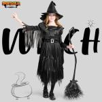 Spooktacular Creations Classic Child Witch Costume Gothic Sorceress Girl Black Witch with Broom for Halloween (X-Large(12-14yr))