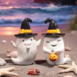 Halloween Decorations Ghost Statues Collectible-Figurines - Halloween Decor Indoor Cute Boo Ghost Sculpture Resin White Ghost With Black Hat Party Supplies Set of 2, 2.5*2*3.5 inch Newman House Studio