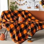 Cozy Orange Buffalo Plaid Halloween Throw Blanket