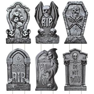 PhyLence 6-Piece Halloween Tombstone Yard Signs with Stakes - Large Eerie Graveyard Design, Spooky Skulls and RIP Messages for Haunted House, Outdoor Garden, Lawn Decor, Halloween Party Props