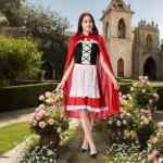 Colorful House Adult Little Red Riding Hood Costume for Women Red Riding Hood Dress Halloween Party Dress(Small,Off Shoulder)