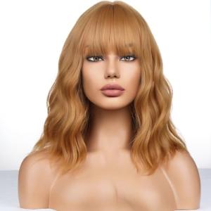 WTHCOS Strawberry Blonde Wig Short Bob Wig Short Curly Wavy Wig With Bangs for Women Girls Blonde Wig Heat Resistant Synthetic Hair Wigs for Daily Use Cosplay Wig With Wig Cap