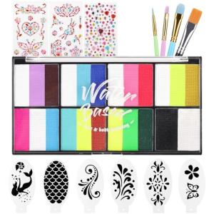 Rainbow Face Painting Kit for Kids Adults - 8 Split Cake Water Activated Palette, 4 Paint Brushes, 3 Gem Sheet, 6 Reusable Stencils, Washable Facepaint Makeup Kit for Halloween, Party, Cosplay