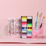 Rainbow Face Painting Kit for Kids Adults - 8 Split Cake Water Activated Palette, 4 Paint Brushes, 3 Gem Sheet, 6 Reusable Stencils, Washable Facepaint Makeup Kit for Halloween, Party, Cosplay