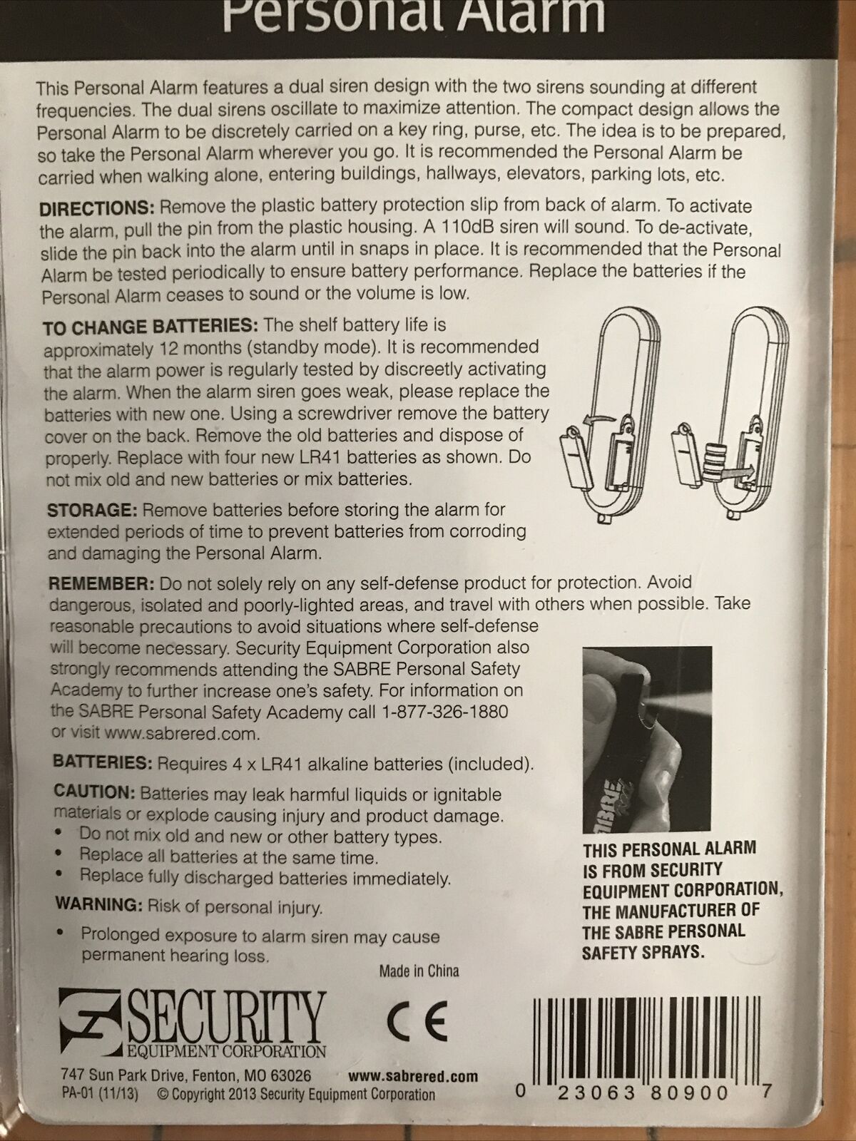 Sealed Sabre Personal Alarm with 110 dB